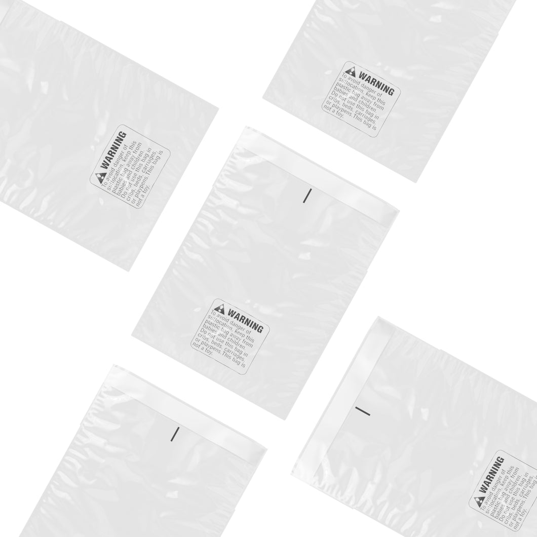 SAMPLES of All 5 Clear Poly Bag Sizes [Self Seal] [with Suffocation Warning]